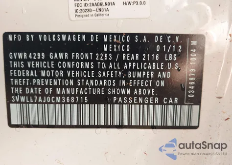 2012 Volkswagen Jetta 2.0L Tdi z USA, uszkodzony, nr VIN 3VWLL7AJ0CM368715